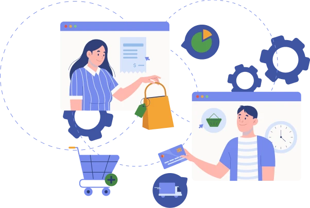 A visual representation showing a man holding a shopping bag next to a woman with a shopping bag