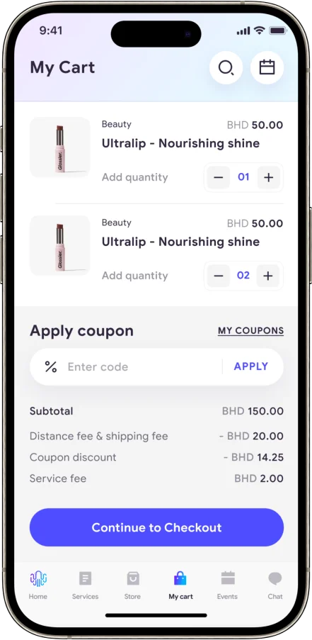 A screenshot displaying a cart app interface on an iPhone, showcasing user-friendly design and modern mobile app features